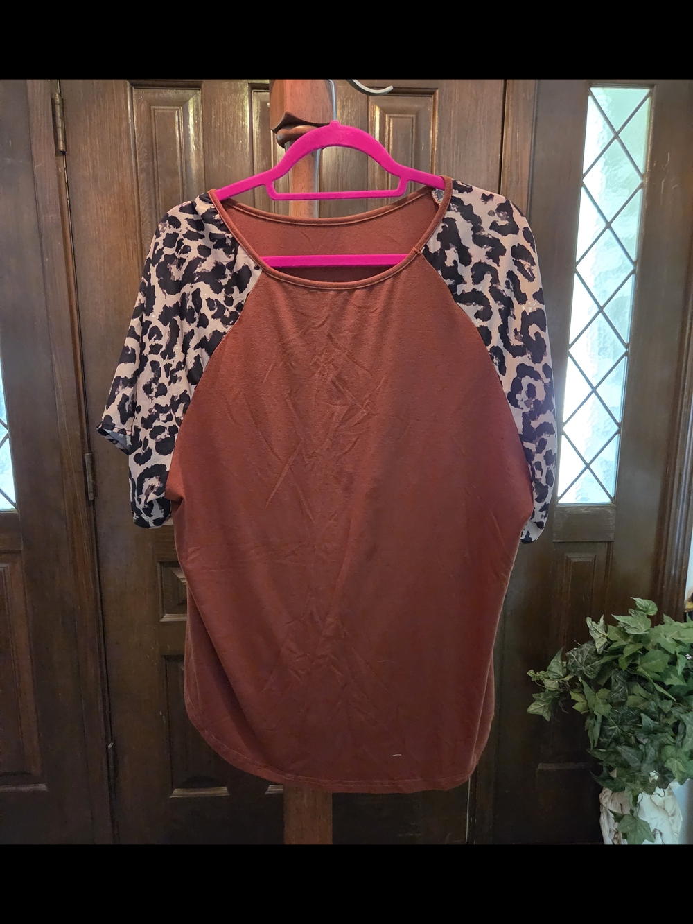 Brown Raglan Leopard Sleeve Women's Top